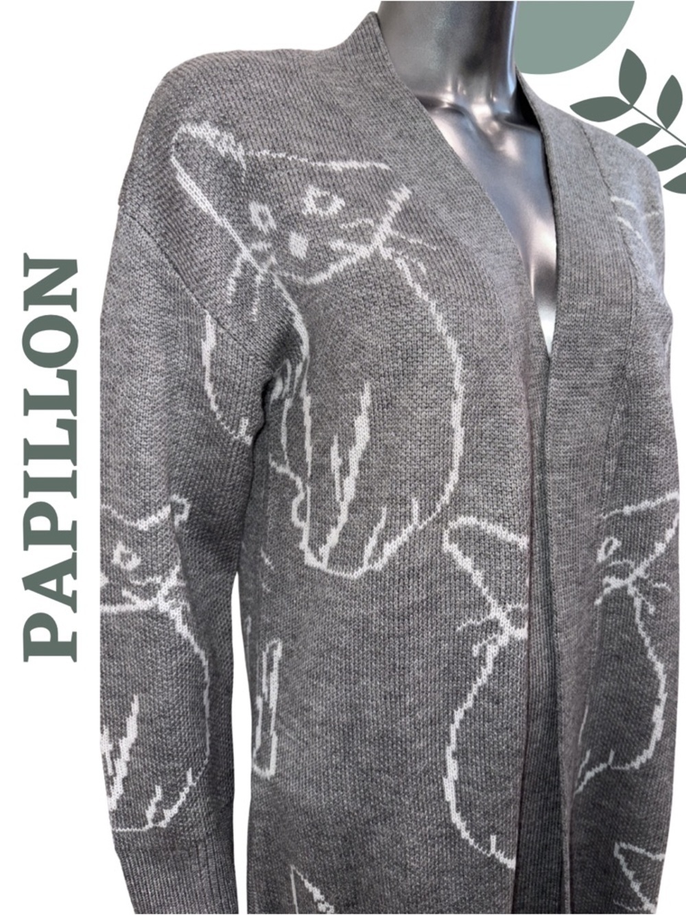 Papillon Cat Knit Cardigan Grey Long Duster Medium NWT - Picture 5 of 8